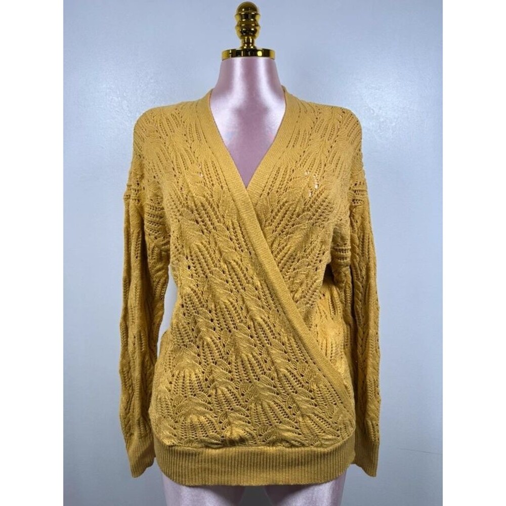Merokeety Women’s Mustard Faux Wrap Pointelle Knit Sweater Size M